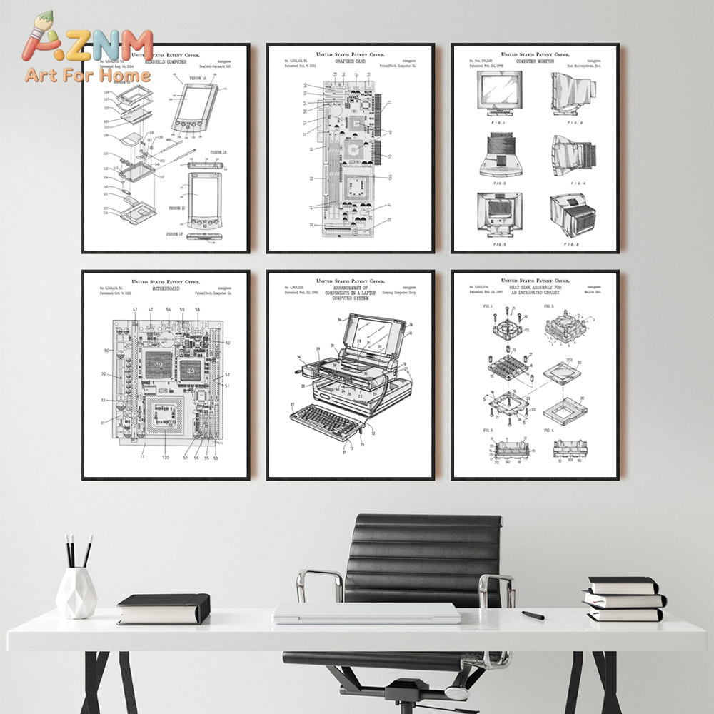 Tech Office Wall - AZNM Lukisan Kanvas Paten Motherboard Komputer